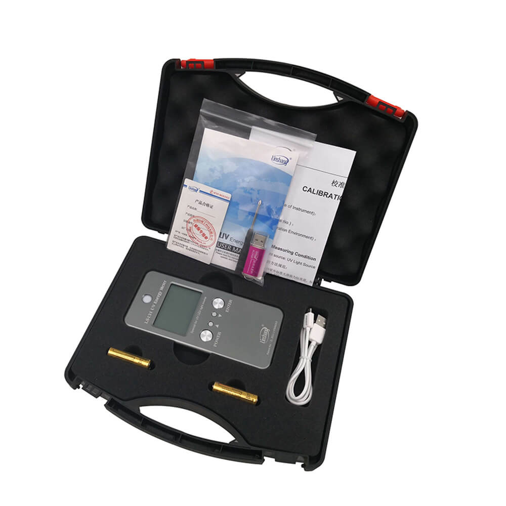 Complete package of the LS131 UV Energy Meter, including the device, protective case, USB cable, and manual.