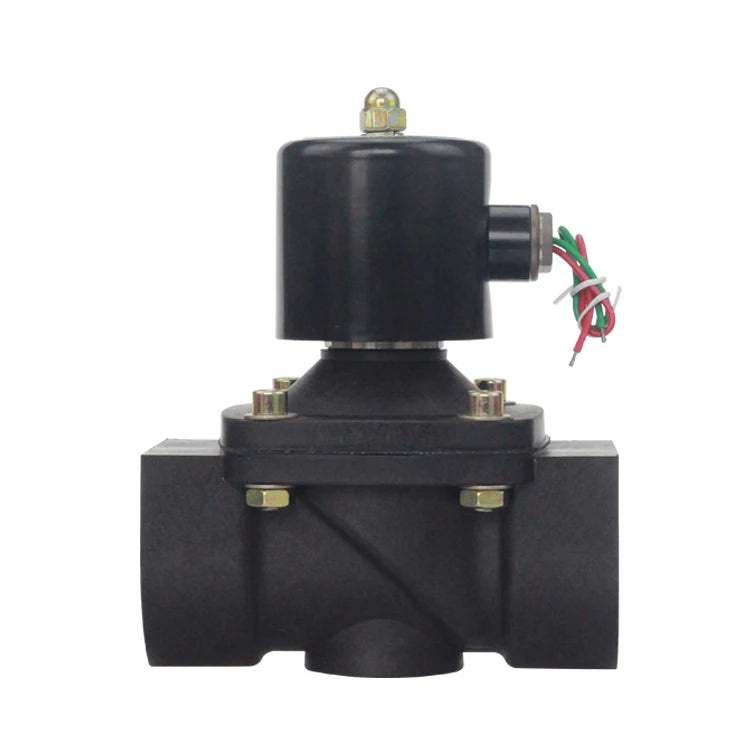 Detailed shot of the black plastic solenoid valve included with the flow meter controller kit.