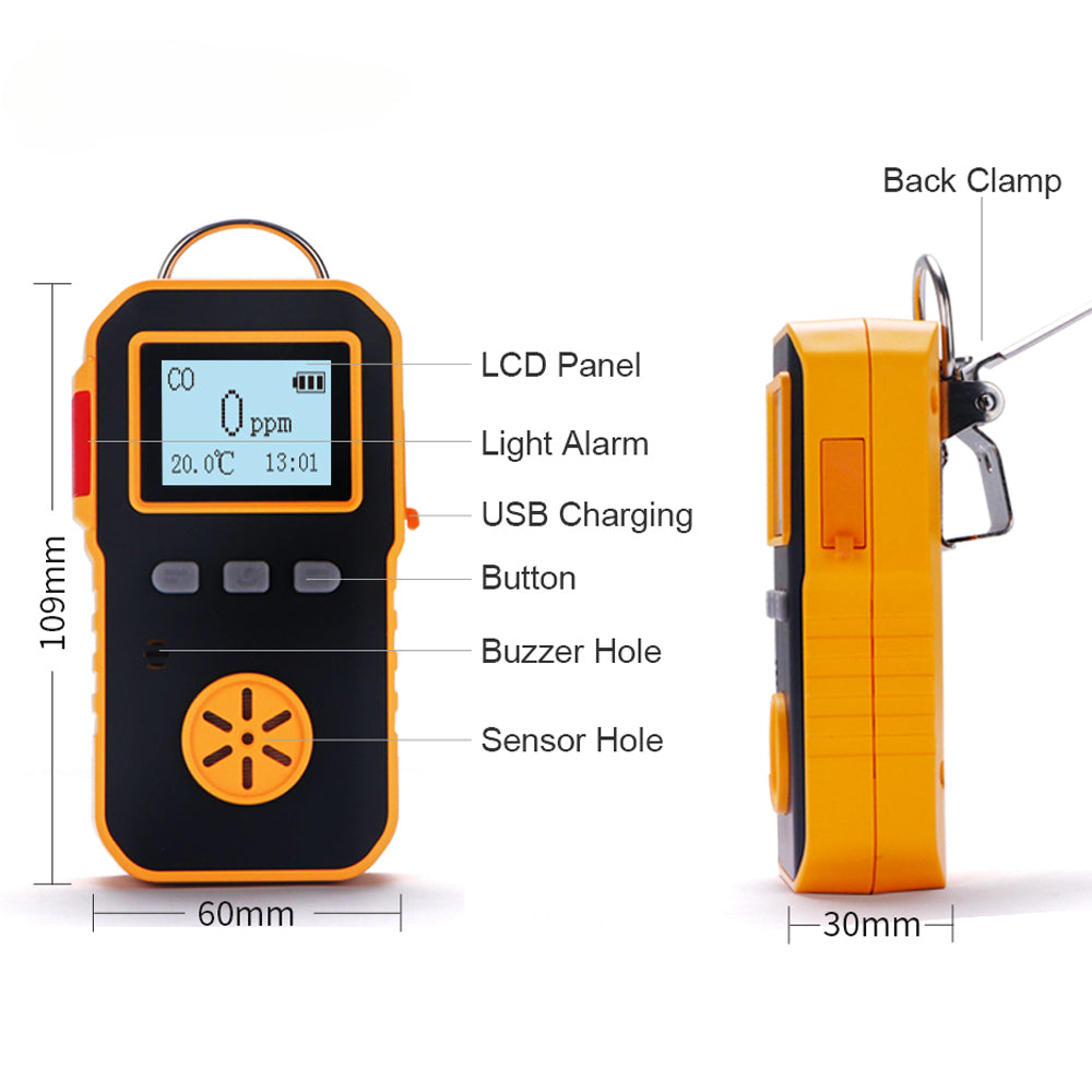 the portable carbon monoxide detector in their hand, showing its compact size.