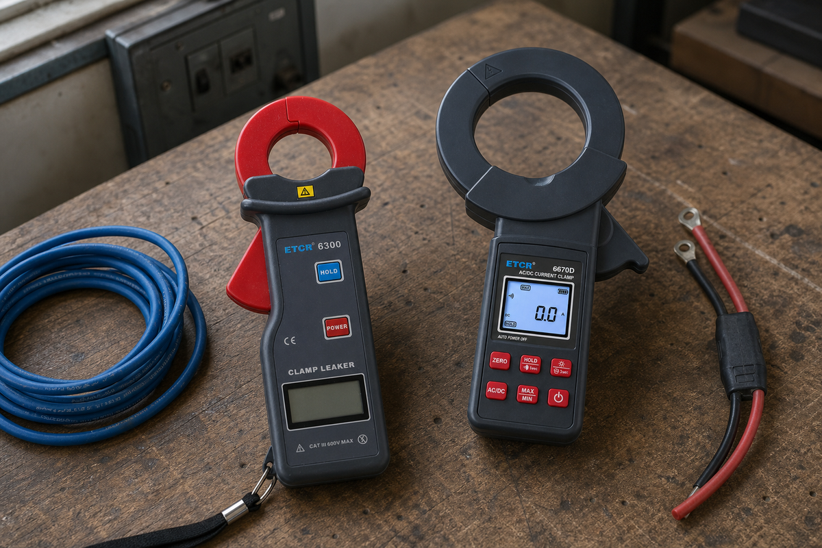 ETCR6300 AC clamp meter and ETCR6670D AC DC clamp meter on an electrical workbench