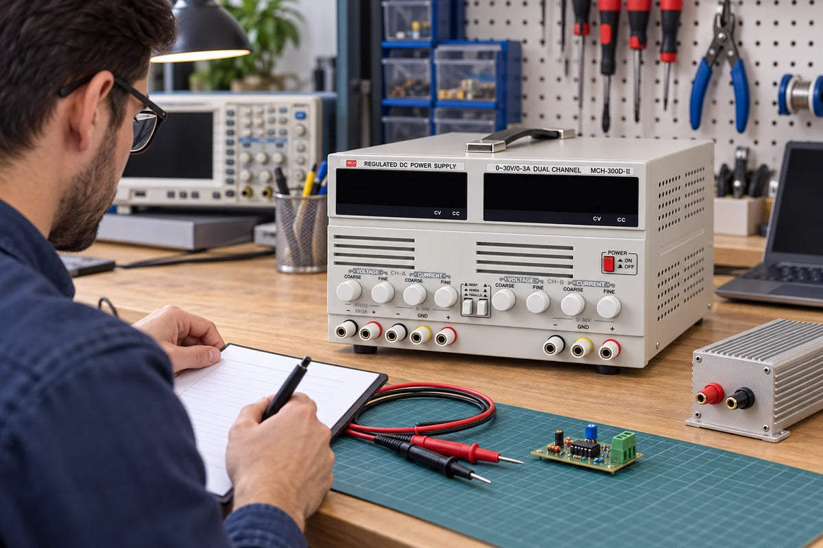 Technician prepares a dual-channel DC bench supply for a low-voltage test