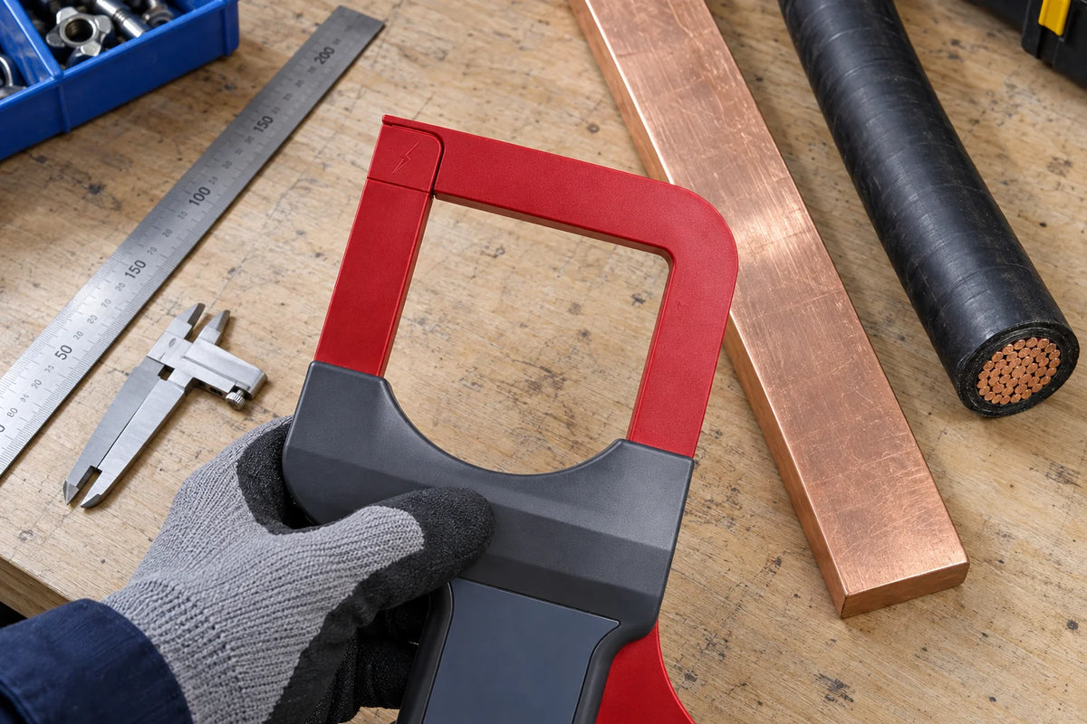 Technician compares the broad red jaw of a clamp meter with disconnected conductor samples