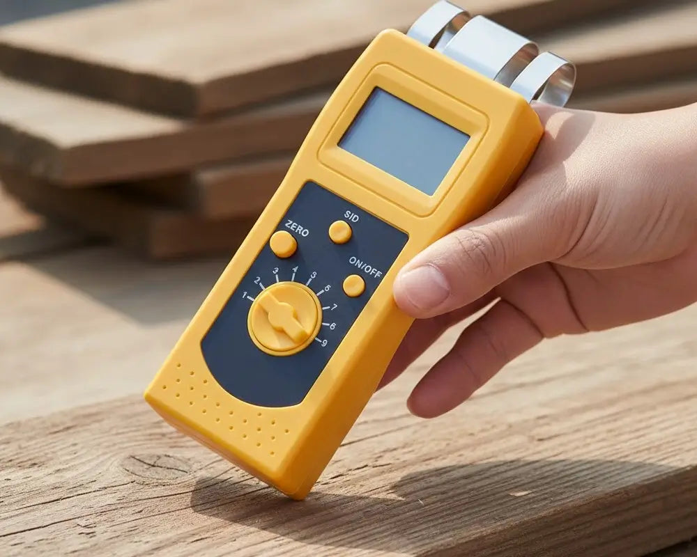 Technician measuring wood with a moisture meter