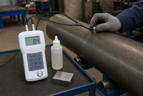 Technician using an ultrasonic thickness gauge on a steel pipe