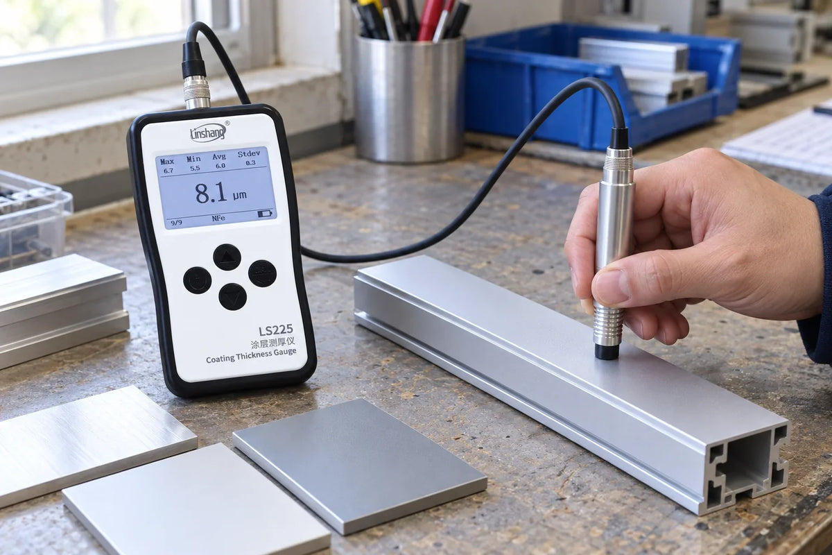LS225 coating thickness gauge measuring a coated aluminum extrusion