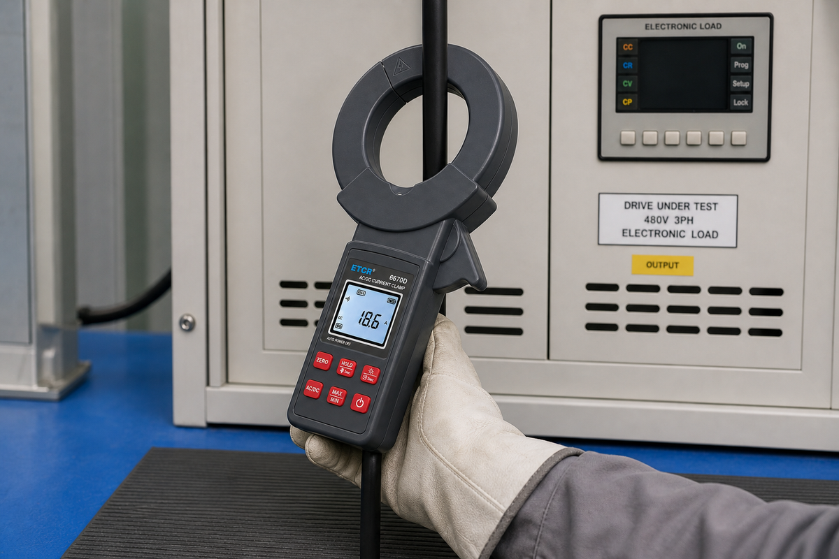 True RMS clamp meter checking current to an electronic load