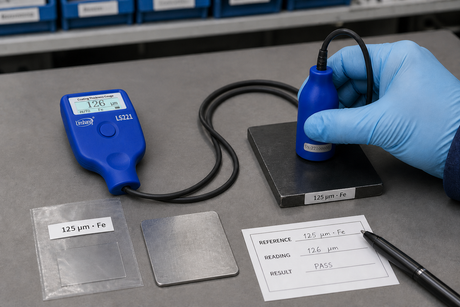 Coating thickness gauge checked on known reference standards