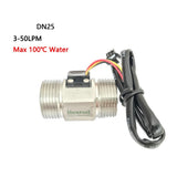 The USS-HS10TA stainless steel water flow sensor, highlighting its G1 male thread and the three-wire connection