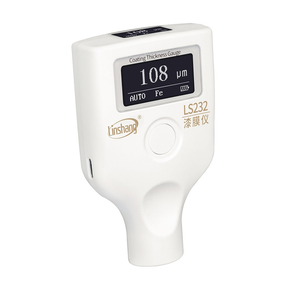 The complete LS232 paint thickness meter kit including the device, calibration plates, and carrying bag.