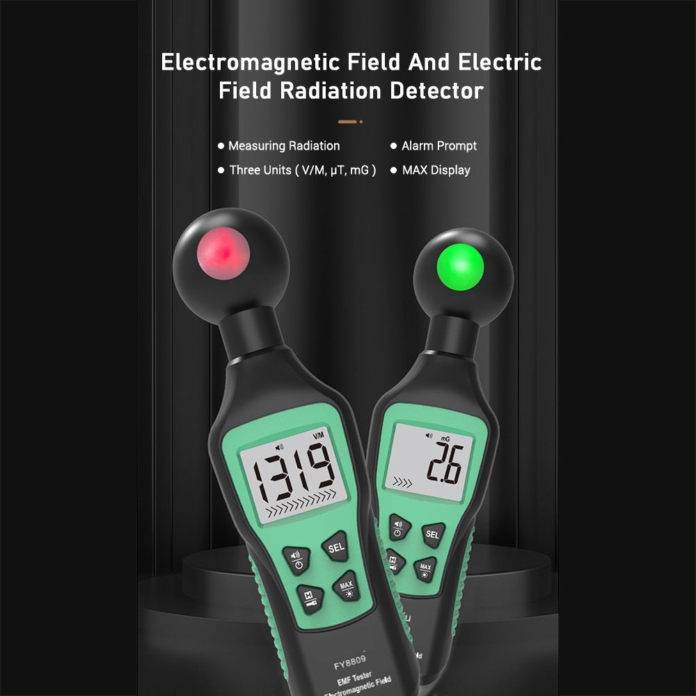 Close-up of the FY8809 EMF meter's screen, showing the digital readout and analog bar graph.