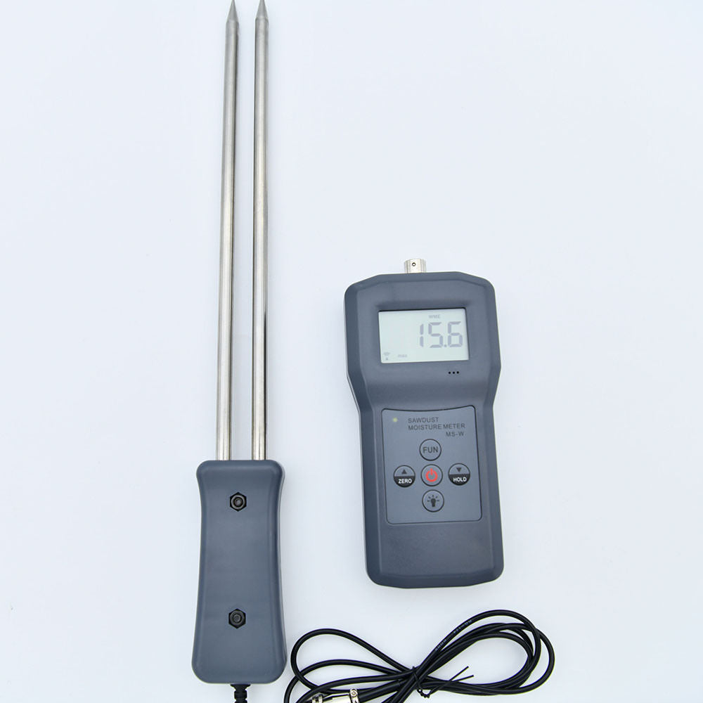 Digital sawdust moisture meter with separate probe and carrying case.