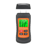 A hand holding the Digital Wood Moisture Meter, pressing its two needles into a block of wood to test.