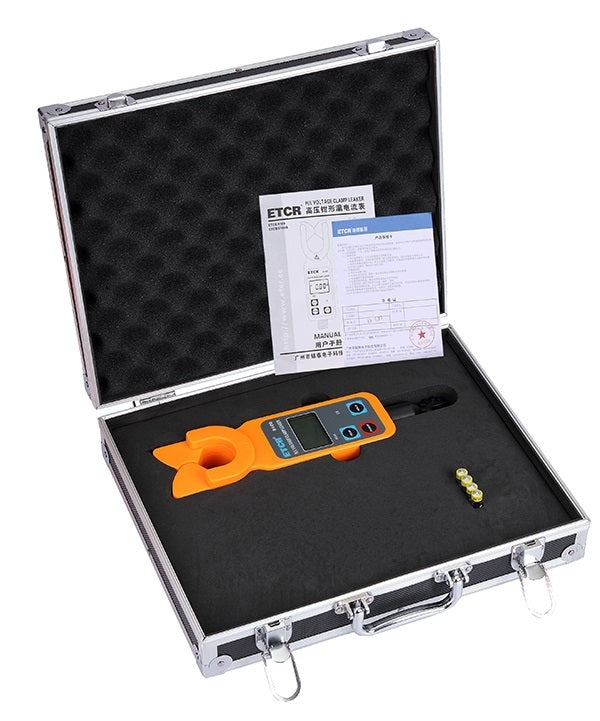 ETCR9100 High Voltage Clamp Meter full kit, including the detector, receiver, and insulation rod in a case.