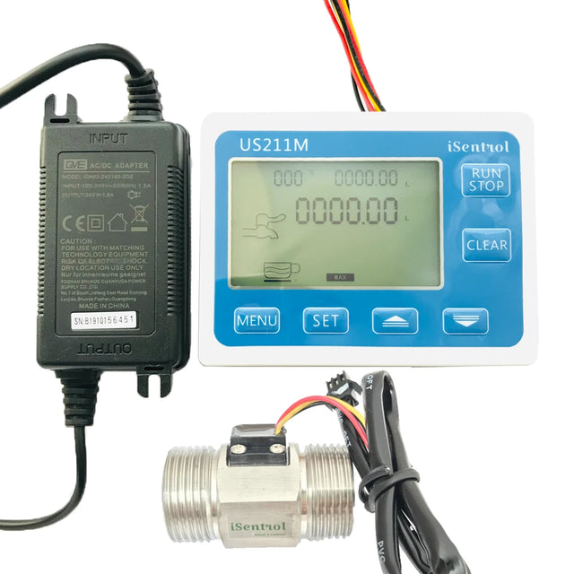 Complete kit for the Digital Water Flow Meter, including the US211M controller, USS-HS10TA stainless steel sensor, and power adapter.