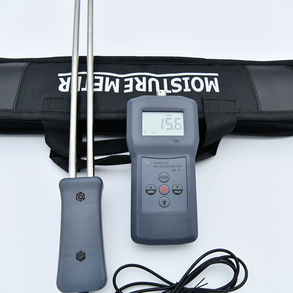 The complete set of the sawdust moisture meter, including the meter, probe, and carrying case.