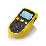 Angled view of yellow portable gas detector showing front controls and protective case