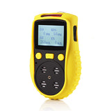 Yellow portable gas detector in protective case, front view with display and controls